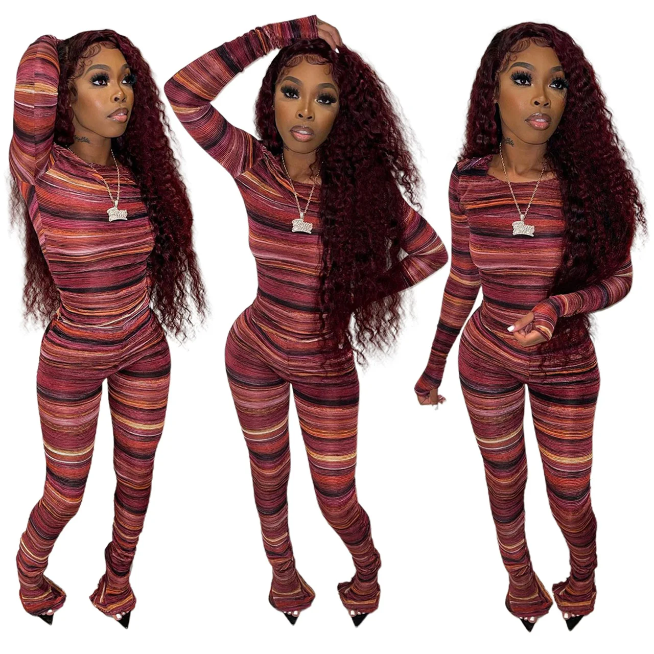 

SHIZAI Newest Design 2 Piece Set Women Clothing Tropical Brown 2 Pcs Set Two Piece Women Jogging Set