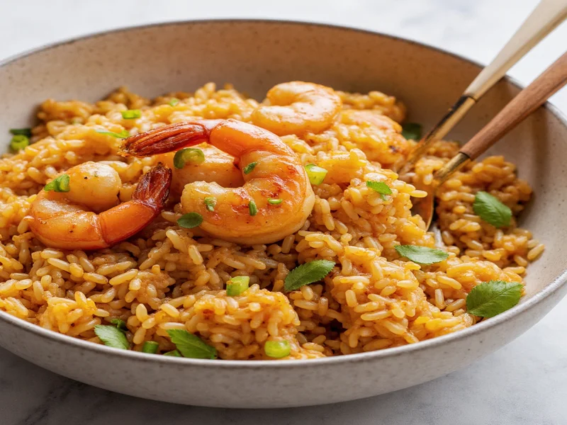 Serving suggestion for dirty rice with grilled shrimp