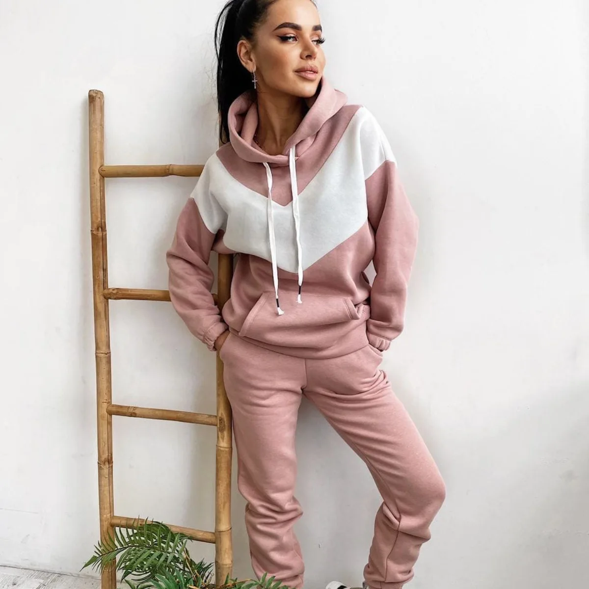 

Women Fall Causal Plain Loose 2 Pieces Drawstring Sweatpants Jogger Cropped Sweatshirt Hoodies Sets