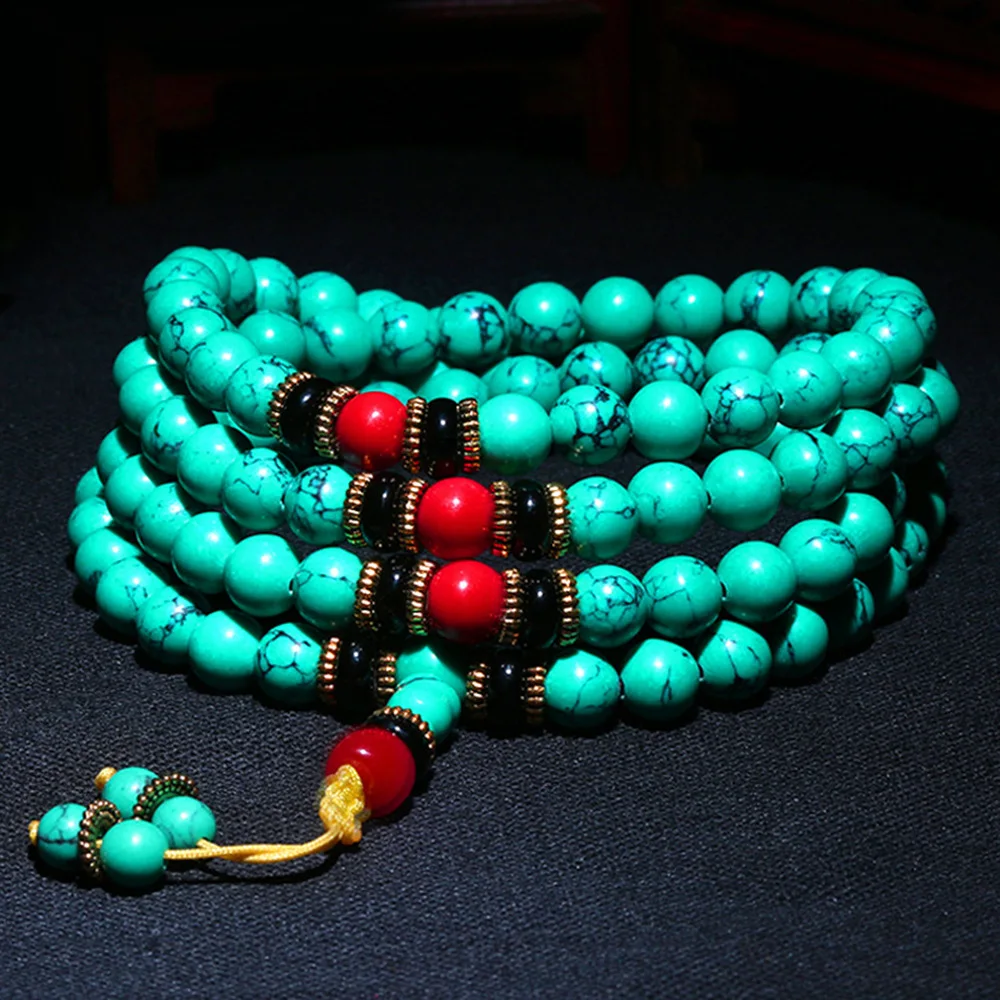 

Turquoise Bracelets Bohemia 8mm Rosary Beads Muslim Prayer Bracelet 108Pcs Natural Stone Gemstone Bead Rosary Catholic For Women