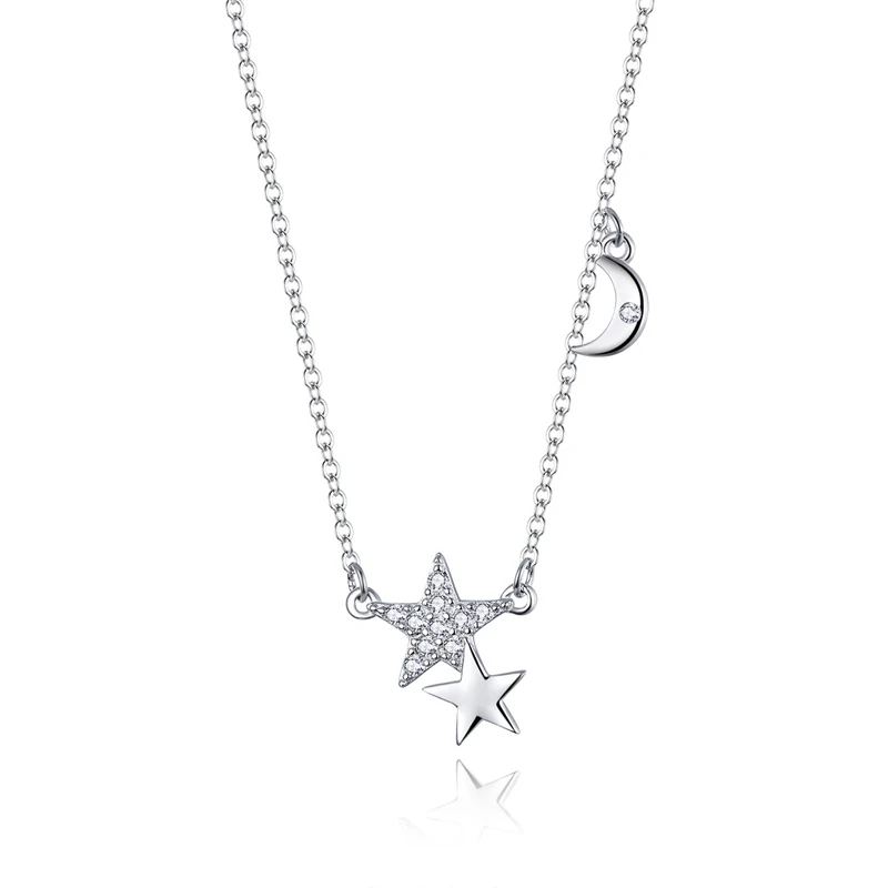 

Double Star Zircon Necklace Moon Star 925 Jewelry Sterling Silver Star Pendant Necklace Choker For Ladies