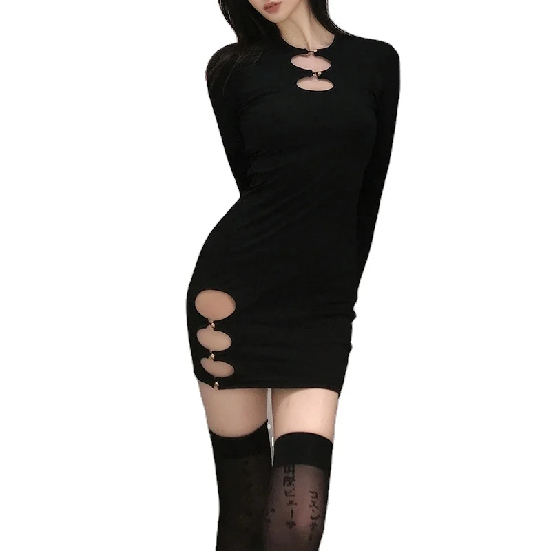 

B54463A 2021 New design lady fashion pure color sexy hollow out slim dress, Black