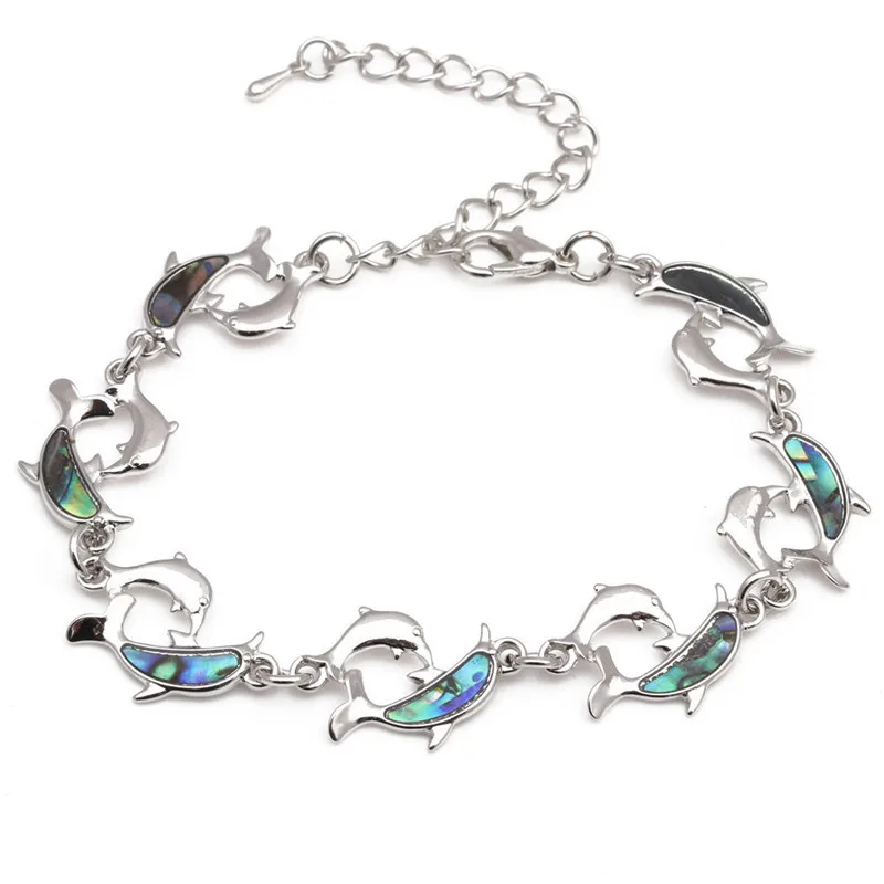 

2020 New Style Charm Silver Natural Handmade Colorful Chain Paua Abalone Shell Dolphin Bracelet Jewelry Accessories BHY075