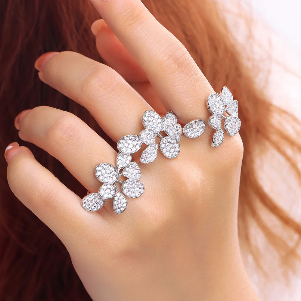 

Micro Pave Shiny Cubic Zirconia Stones Adjustable Open Geometric Big Leaf Rings for Women Party Engagement Fashion Jewelry