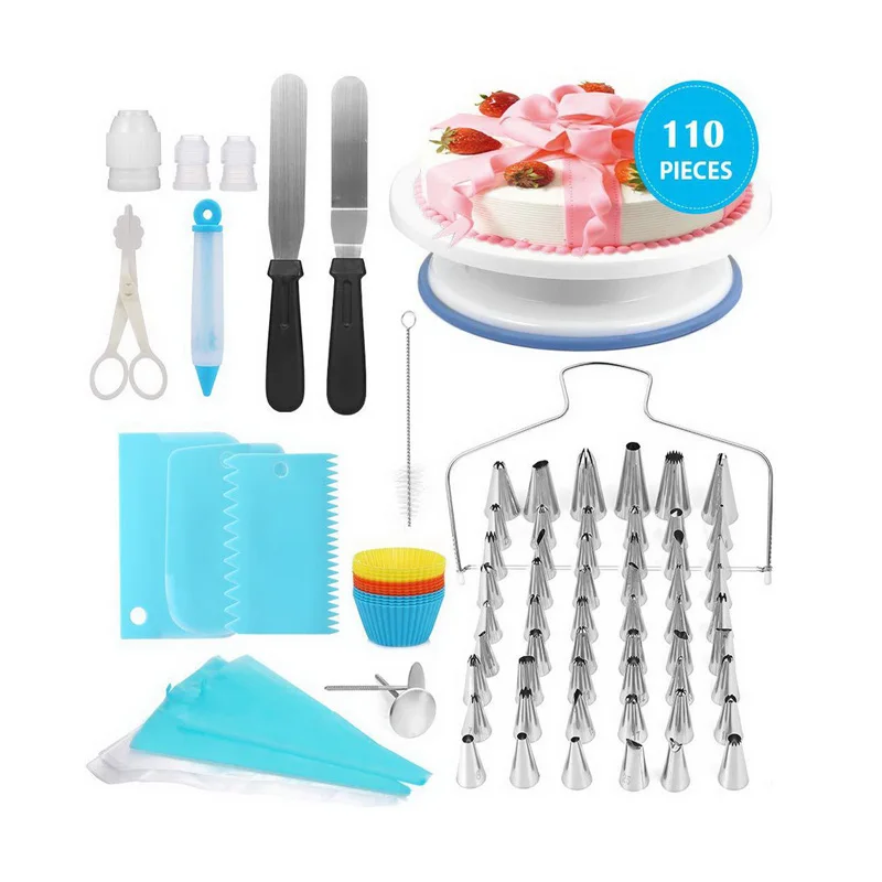 

110 piece cake turn table non-slip turntable decorating nozzle piping bag scraper silicone scissor baking cup set, As picture