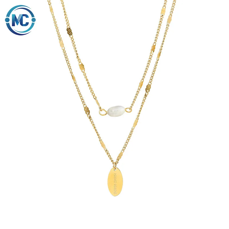 

202118K Gold Plated Double Layer Chain Pearl English Letter Pendant Necklace Jewelry Women High Quality Titanium Steel Necklaces, As the picture