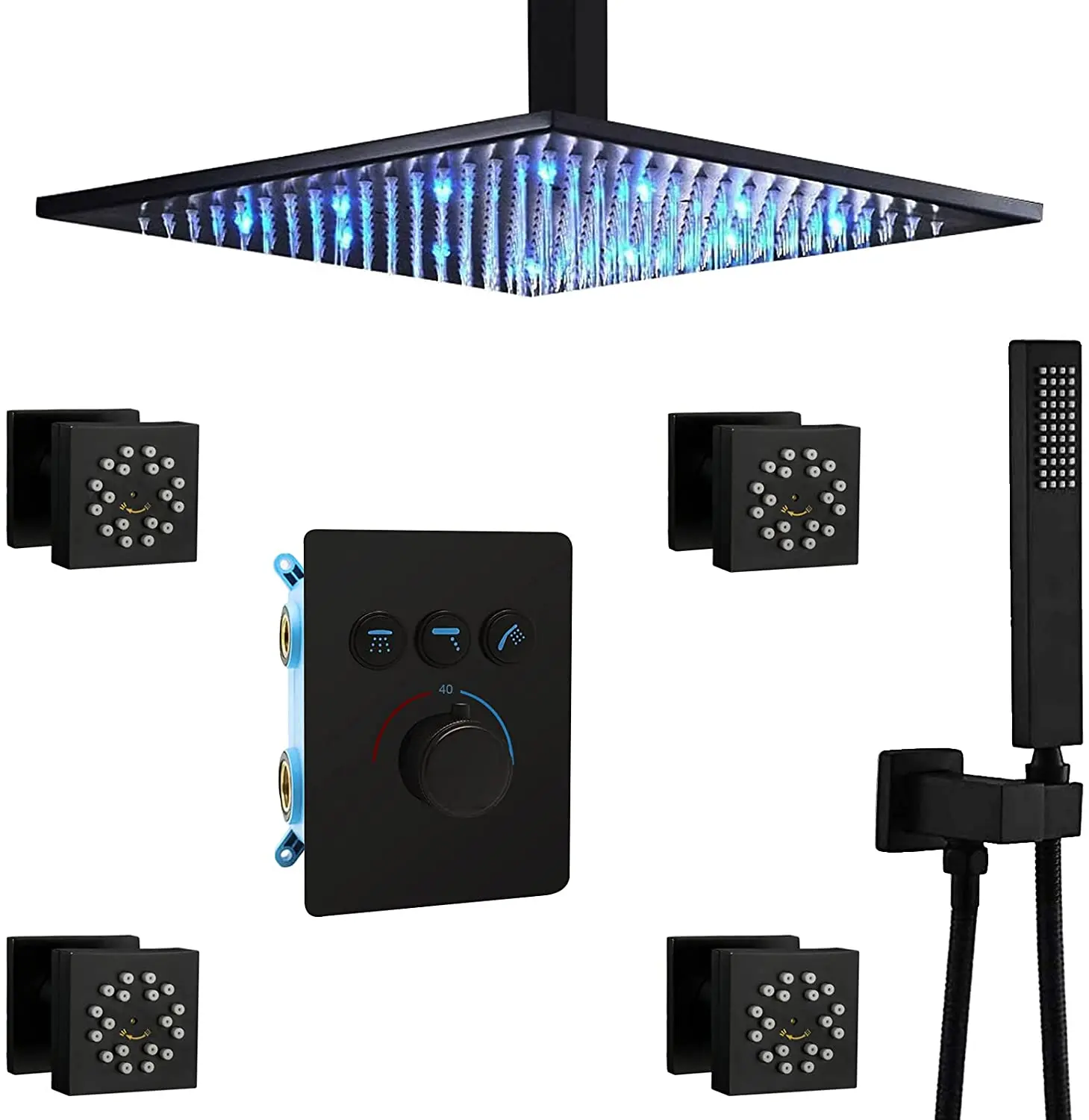 

Ceiling Shower Head Thermostatic Valve Shower Sets Can Work At Same Time12'' Led Rain Showerhead with High Pressure