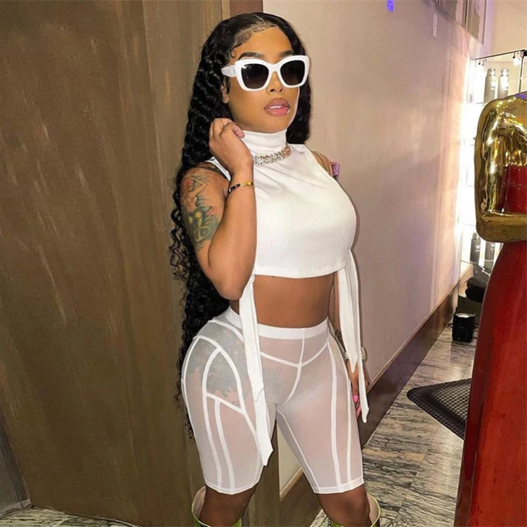 

New Hot Sale solid color mesh see through halterneck lace up short skirt suit Outfits Sexy Two Piece Skirt Set With Sttrings, White