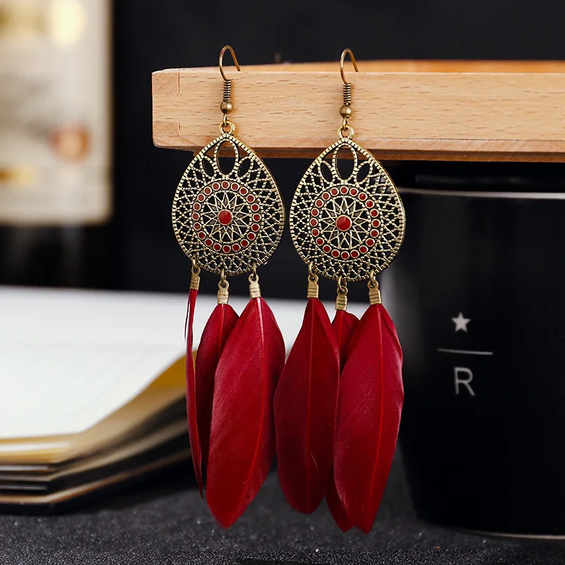 

Hot selling american 2021 popular women fashion national style red tassel long feather custom earrings, Picture shows