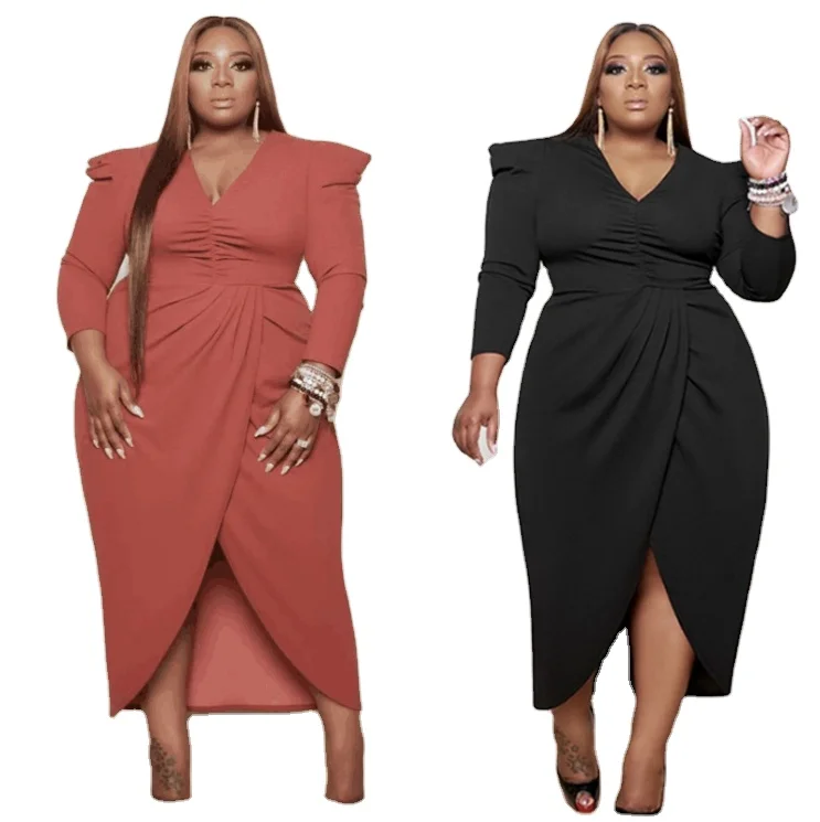 

Plus size women clothing ladies dresses v neck plain color office front split irregular hem dress for plus size ladies