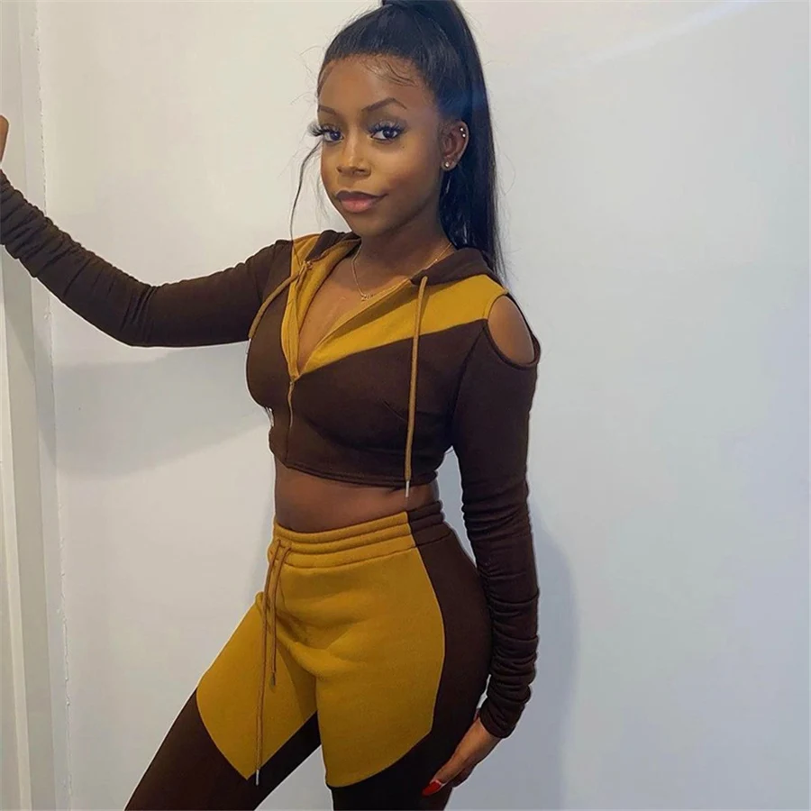 

Kliou K21S05763 Autumn 2021 Hollow Out Patchwork Hoodies Zipper Sweater Winter Two Piece Pants Set