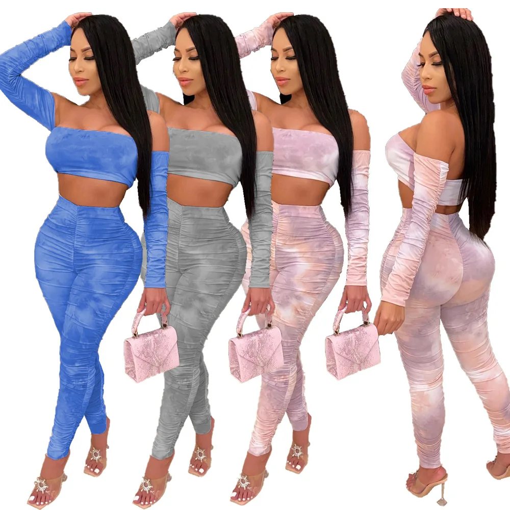 

2020 Autumn New Style Strapless Folds Tie dye Tube Top and Trousers Elegant Bodycon Sexy Women Clothing Two Piece Set