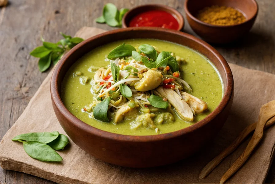 Authentic Thai green curry dish with chicken, bamboo shoots, and basil served in traditional ceramic bowl