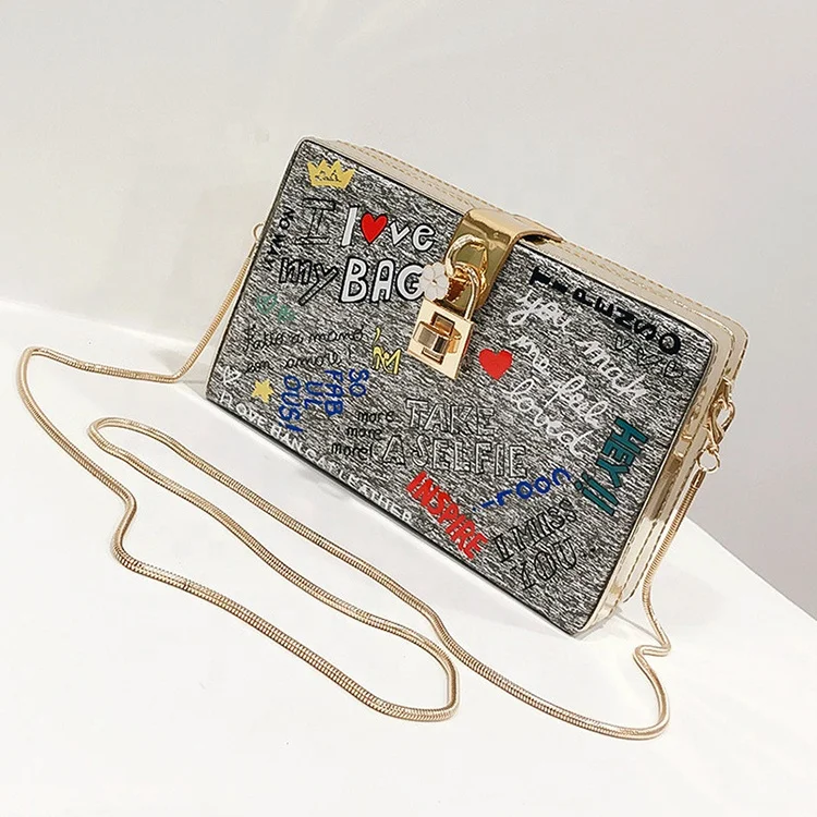 

2020 New Design Square Single Shoulder Box Fashion Leisure Graffiti Chain Cross Body Bag Ladies Evening Handbag, White/orange/black/pink