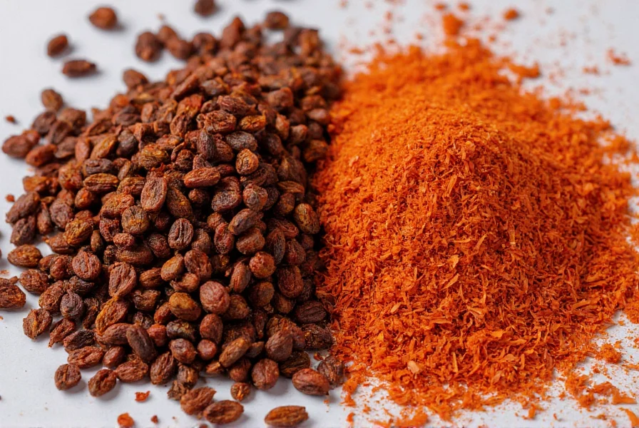 Side-by-side comparison of authentic Urfa pepper next to common chili flakes showing color difference