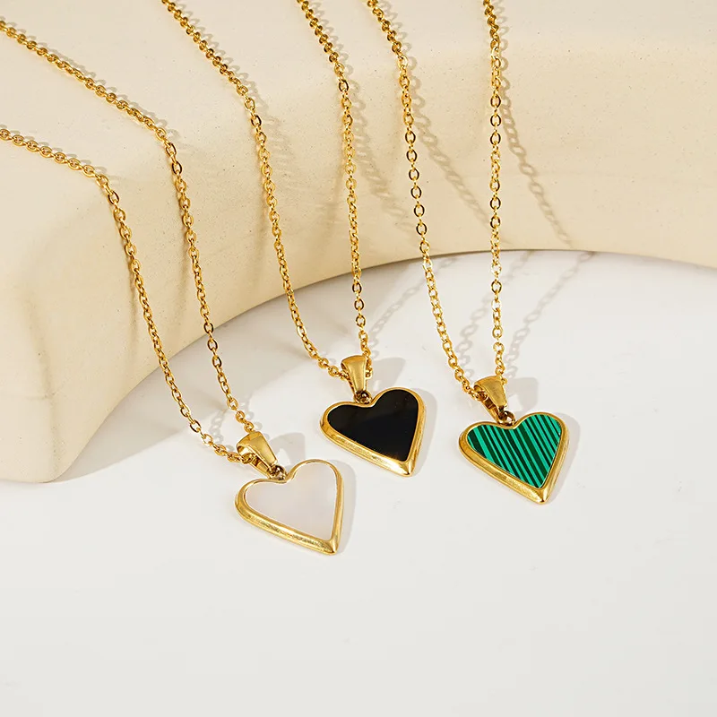 

Tarnish Free 18k Gold Plated Stainless Steel Malachite White Mother Of Shell Heart Pendant Necklace Female Jewelry