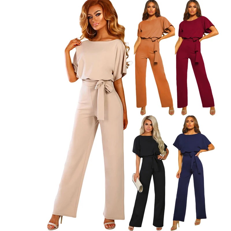 

Hot Sale Fashion Casual Black Slash Neck Short Sleeve Tops Wide Leg Rompers Womens