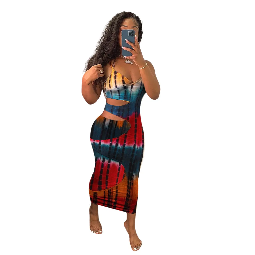 

Women Waist Cut Out 2021 Festival Clubwear Bodycon Sexy Party Maxi Dresses Tie Dye Summer Dress, Shown