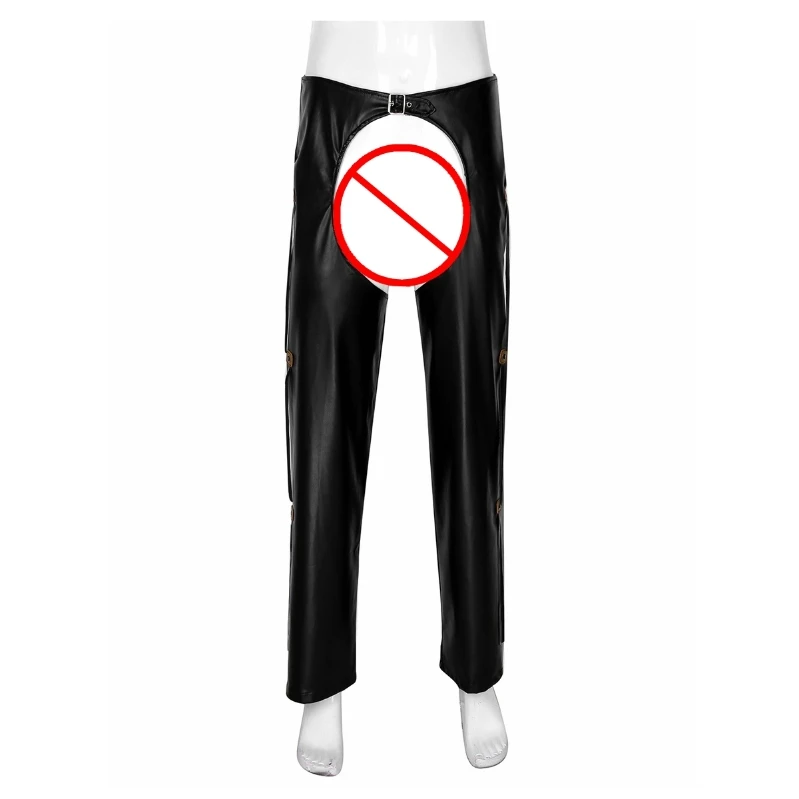 

iEFiEL Mens Leather Crotchless Loose Long Pants West Cowboy Costume Hollow Out Long Pants with Fringed
