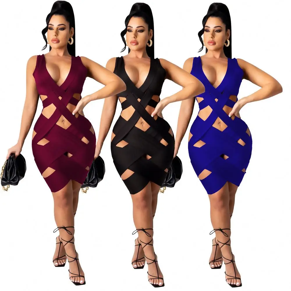 

FREE SAMPLE JHTH Sexy Bondage Mini Dress Women's Clubwear Nightclub 2021 Summer Fashion Deep V Neck bodycon dress Wholesale