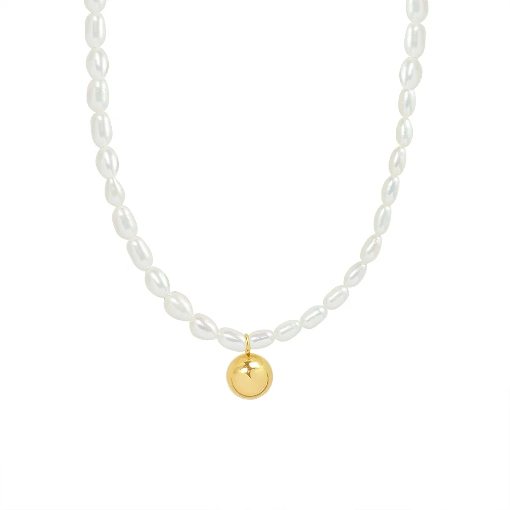 

French Light Luxury Freshwater Pearl Titanium Steel Ball Bead Plated 18K Gold Necklace