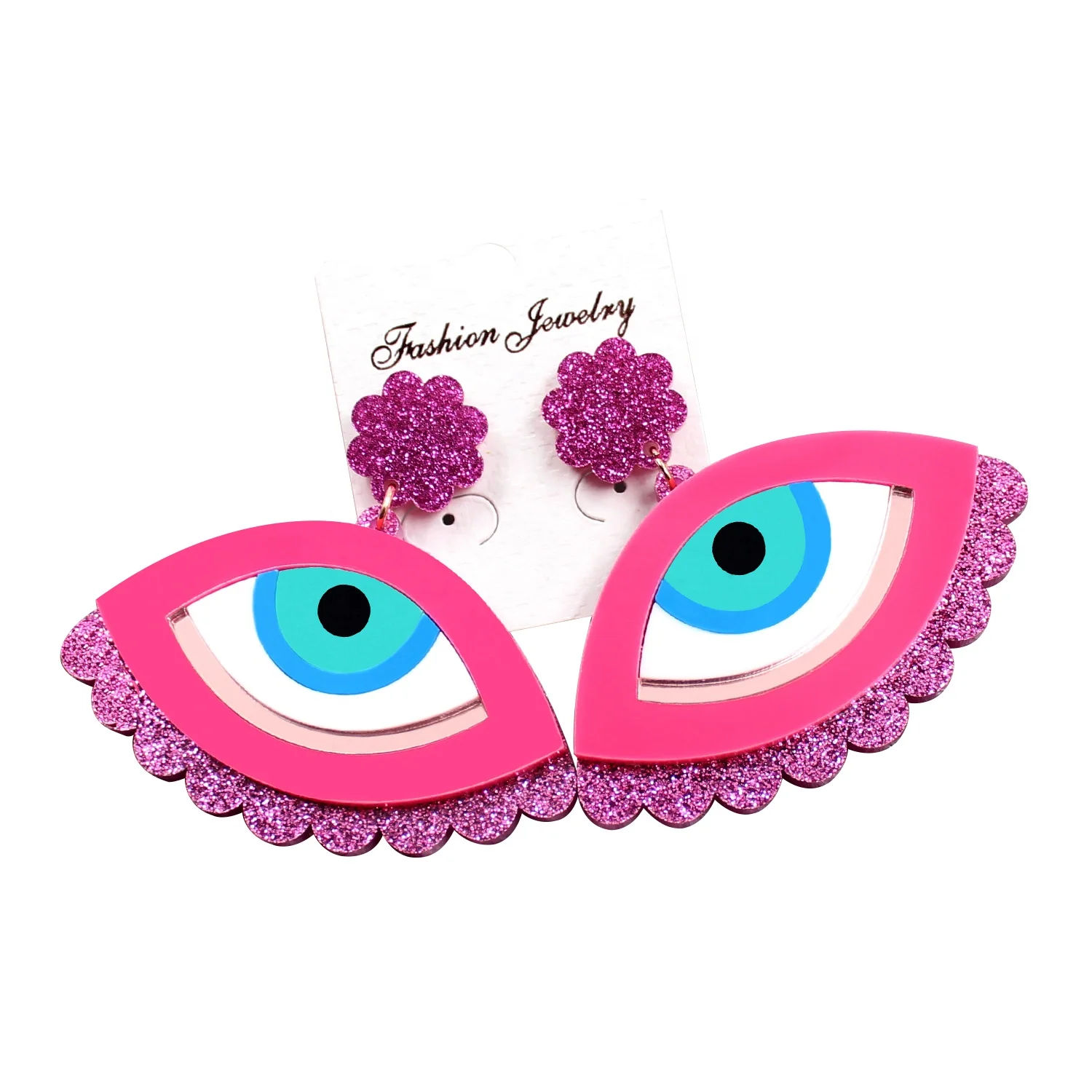 

HP049-67mm Evil Eye Dangle Earrings Pink Glitter Laser Cutout Acrylic Evil Eye Earrings