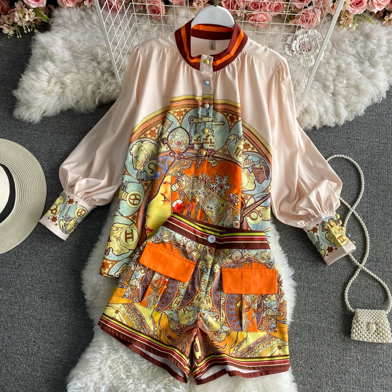 

Wholesale 2022 New Korean Style Long Sleeve Spring and Summer Retro Single Breasted Tops Printed Casual Shorts Women's Sets