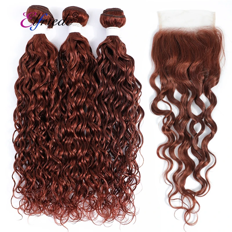 

#33 Dark Auburn Water Wave Hair Weaves with Closure Brazilian Remy Human Hair 3 Bundles with Lace Closure 4"x4" JCXT-54