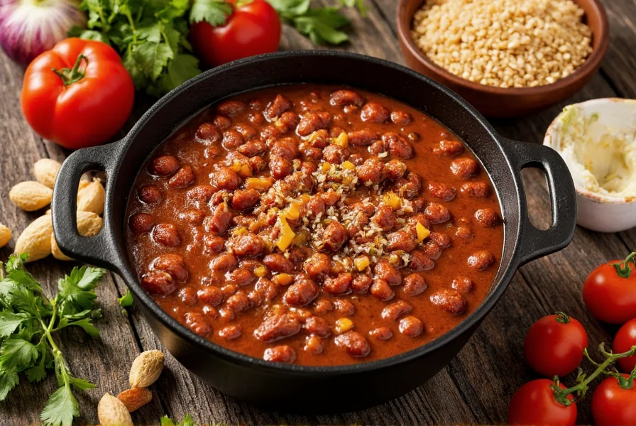Award-winning chili in cast iron pot with fresh ingredients surrounding it