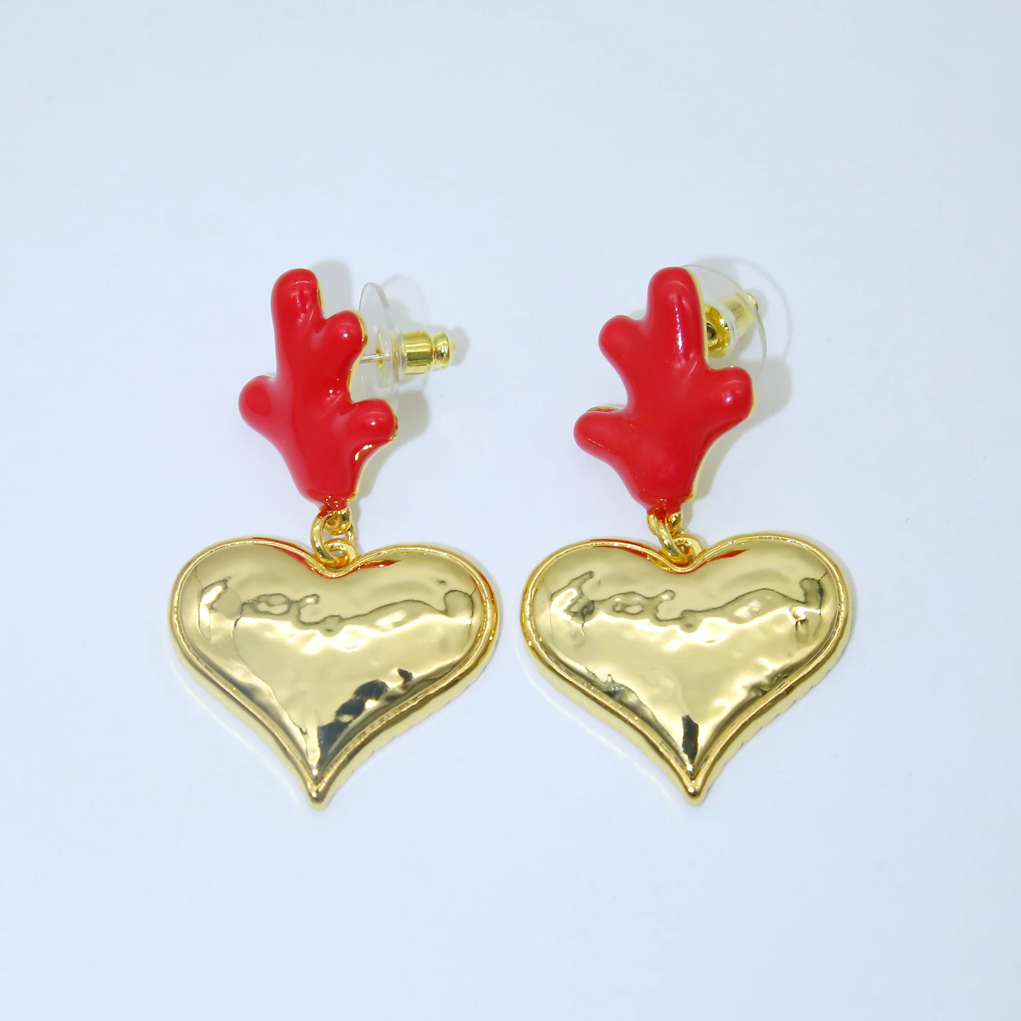 

red epoxy coral gold heart custom earrings wholesale cute sweet fashion earings brass copper african earrings