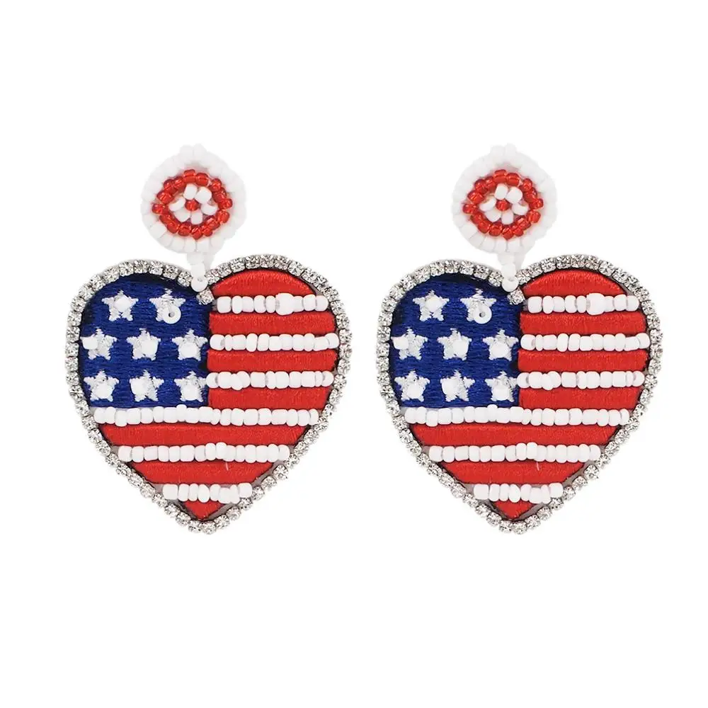 

HANSIDON American Flag Pattern Rhinestone Pendant Heart Earrings Women Multi Resin Beaded Drop Dangle Earrings Handmade Jewelry
