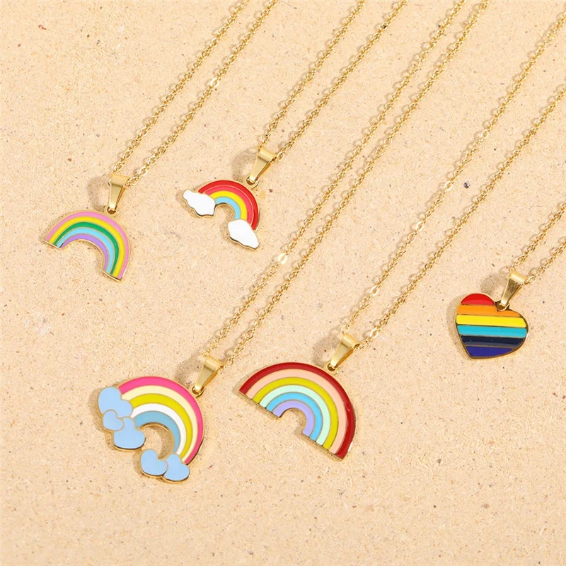

Personalized Colorful Enamel Rainbow Clouds Charm Geometric Heart Stainless Steel Pendant Necklace For Women Summer Jewelry