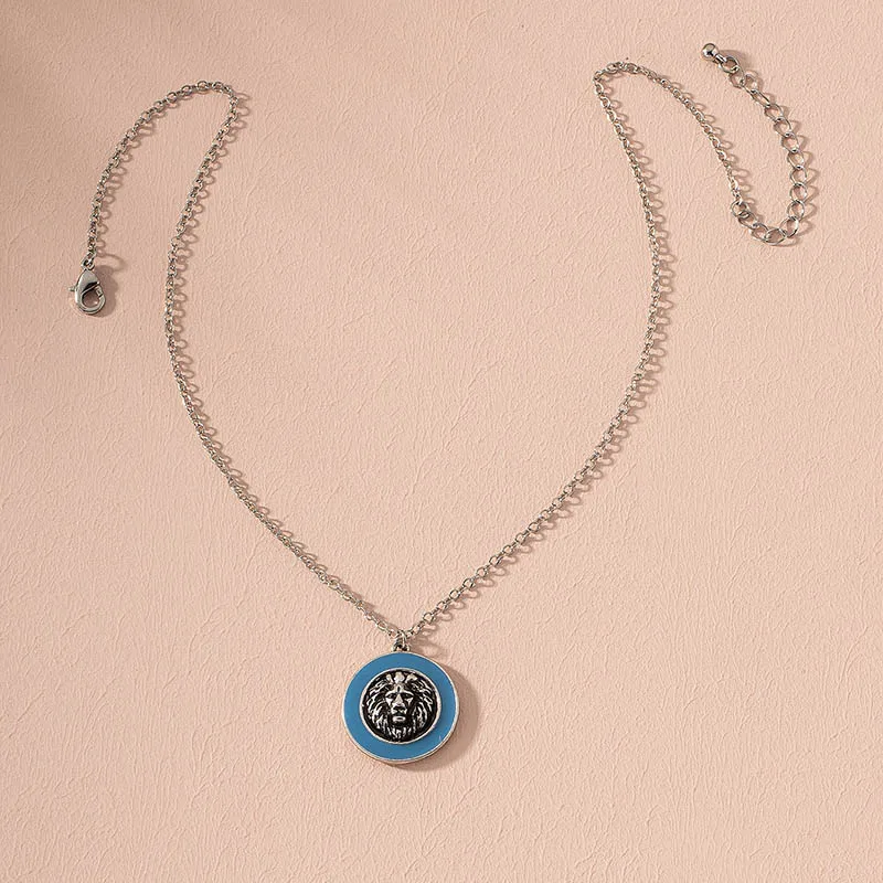 

Trendy Vintage Lion Head Pendant Necklace Blue Enamel Geometric Simple Animal Necklace Women Fashion Party Jewelry 2021