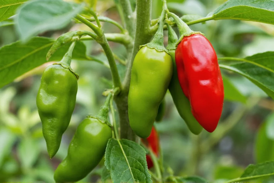 Pepper plant showing various stages of fruit development from small green peppers to fully ripened red peppers