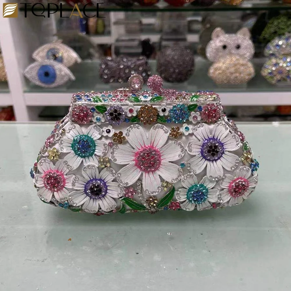 

Women Floral Colorful Diamond Wedding Evening Women Clutch Round Bag Toiletry Purses and Handbags Crossbody Party Shoulder Bags