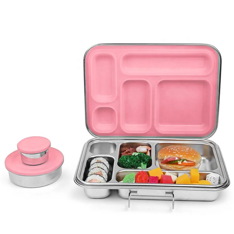 AOHEA Portable Metal Lunch Box Food Grade Material Stainless Steel 304 5 Compartment Food Container Kids Bento Lunch Box