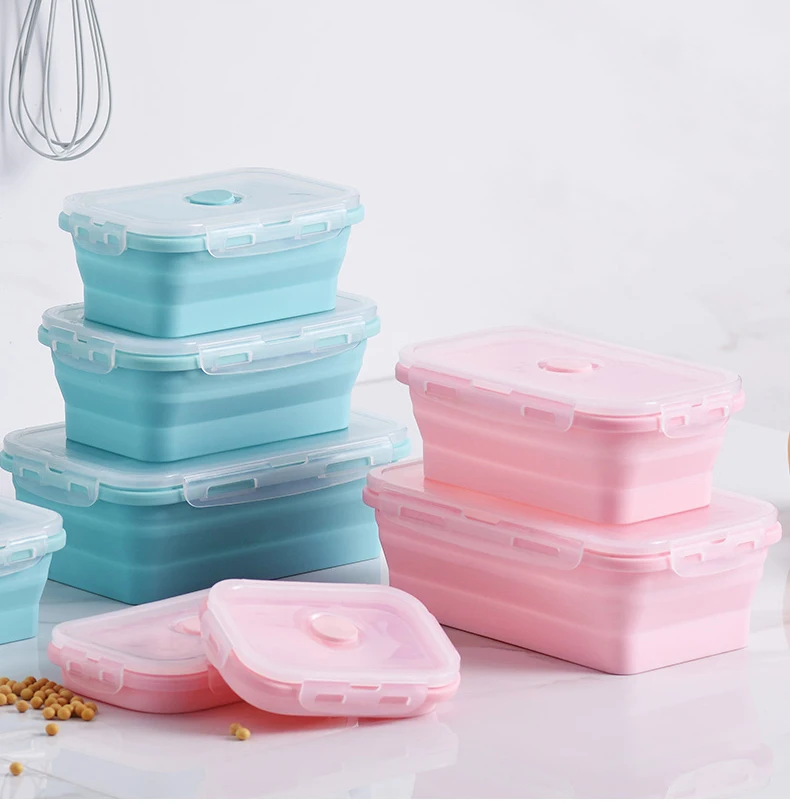 

silicon food storage Microwave Safe Collapsible Silicone Food Storage Container Rectangle Foldable Lunch Box, Blue/pink