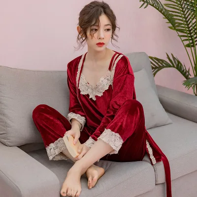 

Gold velvet three-piece suit can go out lace pajamas women's home service suit