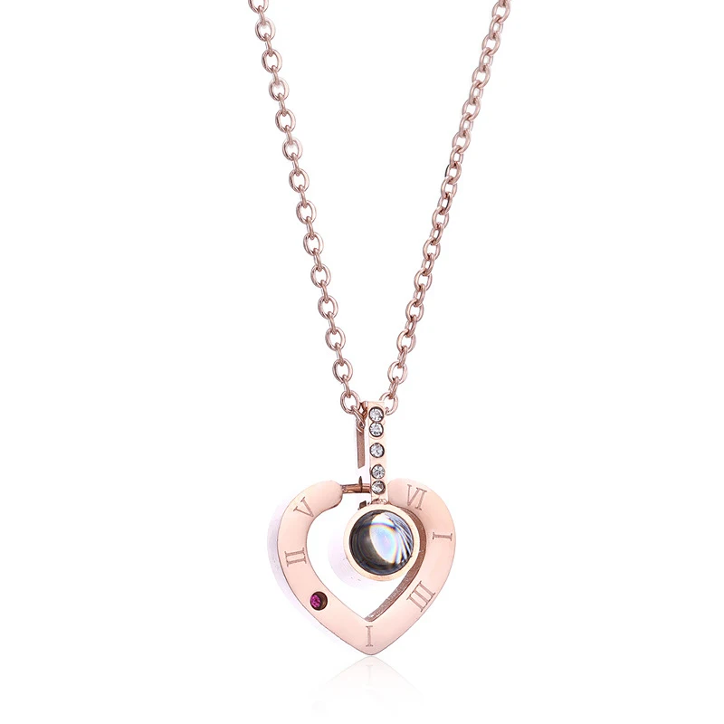 

Heart Pendant I Love You In 100 Languages Projection Necklace, Rose gold