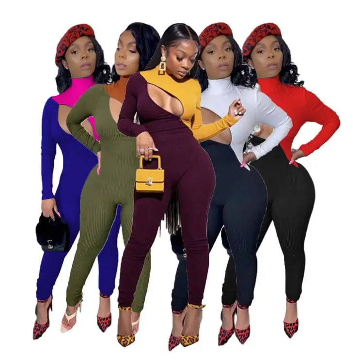 

G1016 fashionable casual zipper open front contrast color women Bodycon one piece jumpsuits women 2020