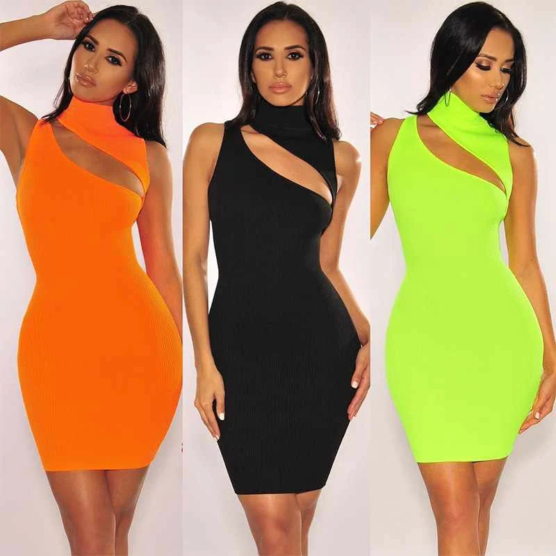 

Orange high neck hollow out tube rib women knitted dress