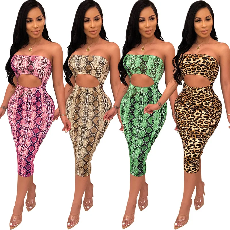 

LE-19101532 Wholesale women summer dress strapless hollow out snake skin print tube top ladies sexy fashion bodycon midi dress, Color