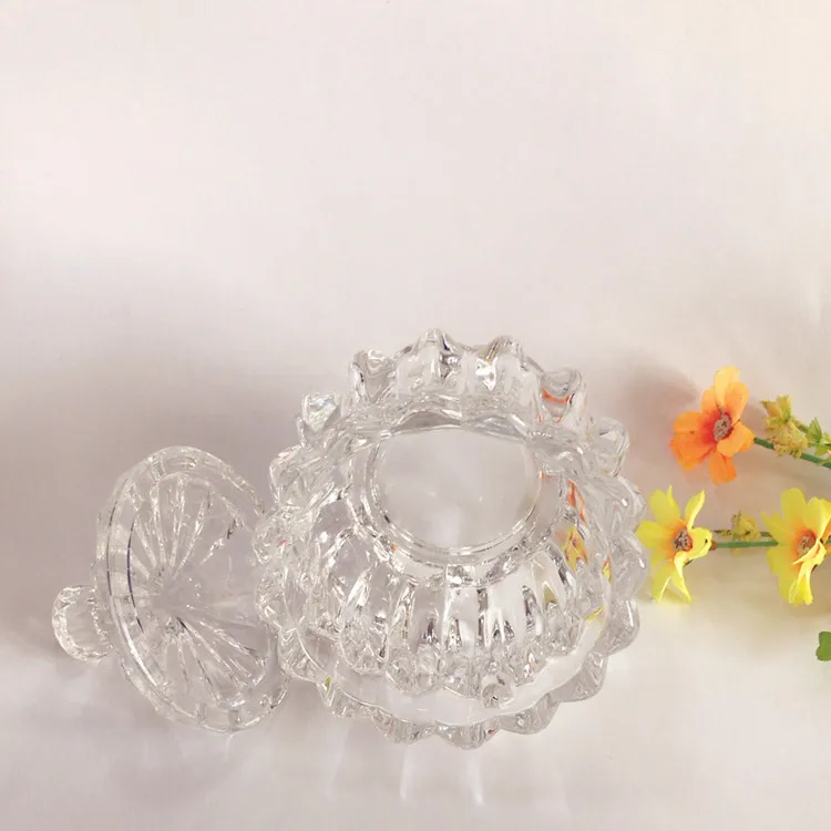 
Wholesale Fashion Flower Shape Design Crystal Clear Glass Snacks or Sugar Bowl With Lid 