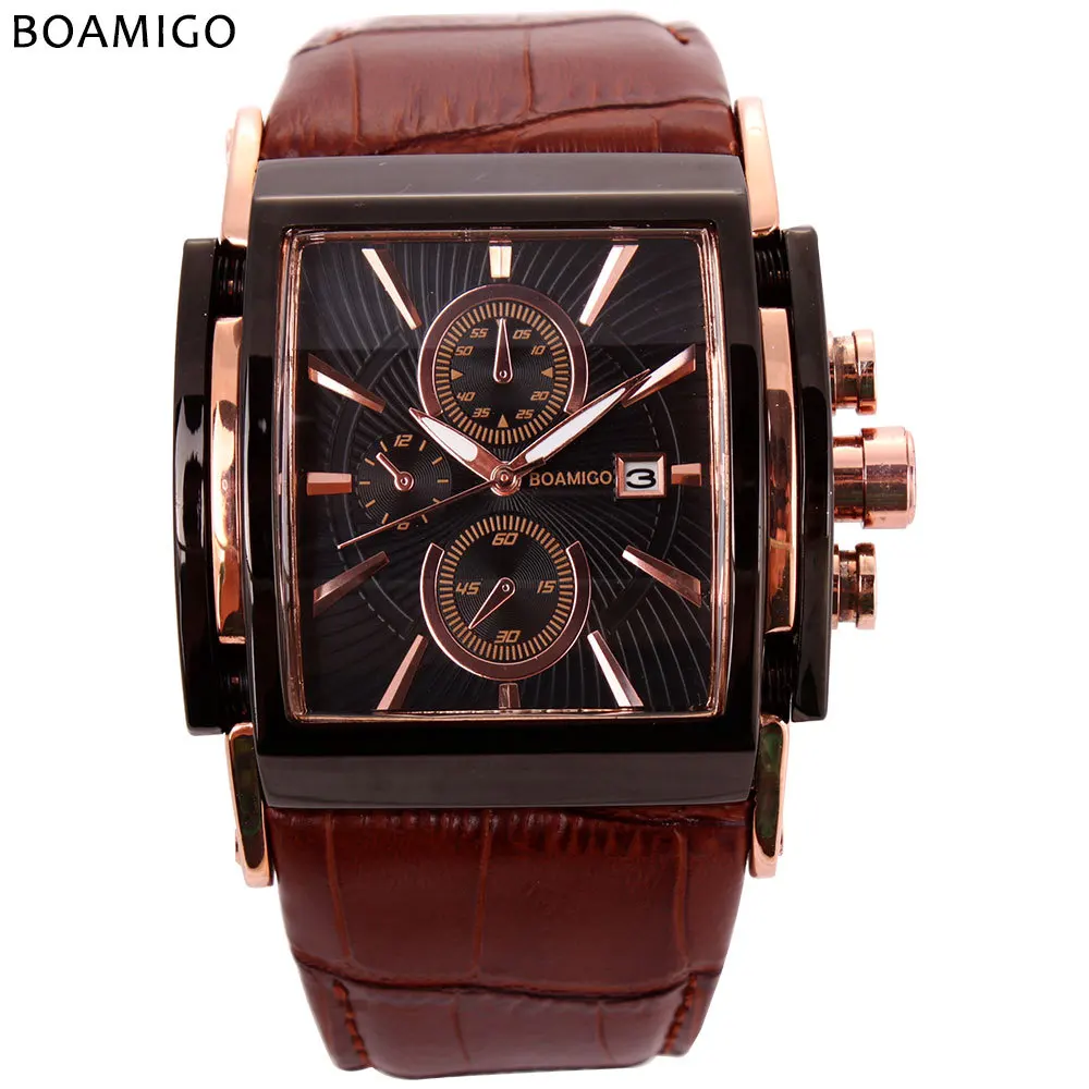 

BOAMIGO Quartz Watch Men Leather Auto Date Clock Big Wristwatches For Men's Watches Relogio Masculino
