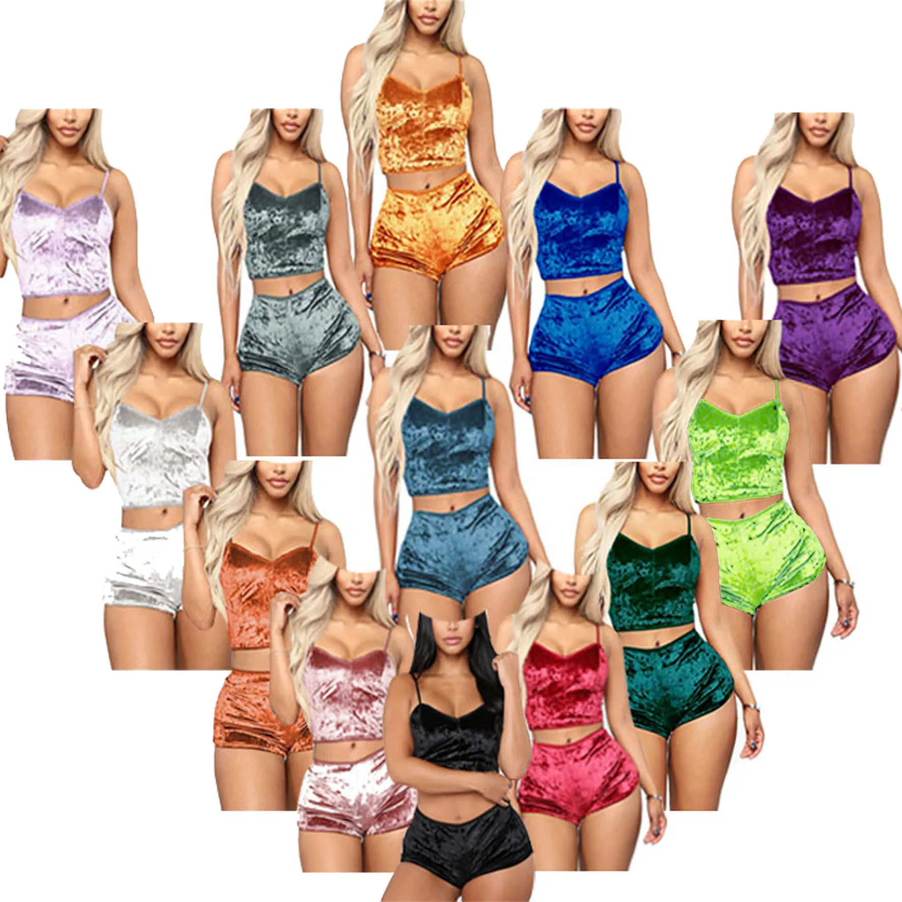 

2020 Custom Summer Fashion Low Waist Plus Size Two Piece Snack Gym Sexy Suspender Shorts Set Women, 13 colors