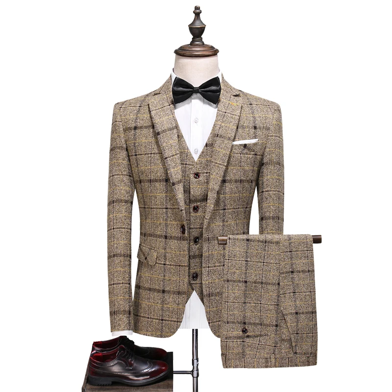 

Men's three piece suit bridegroom's dress business dress large Plaid suit Split ends