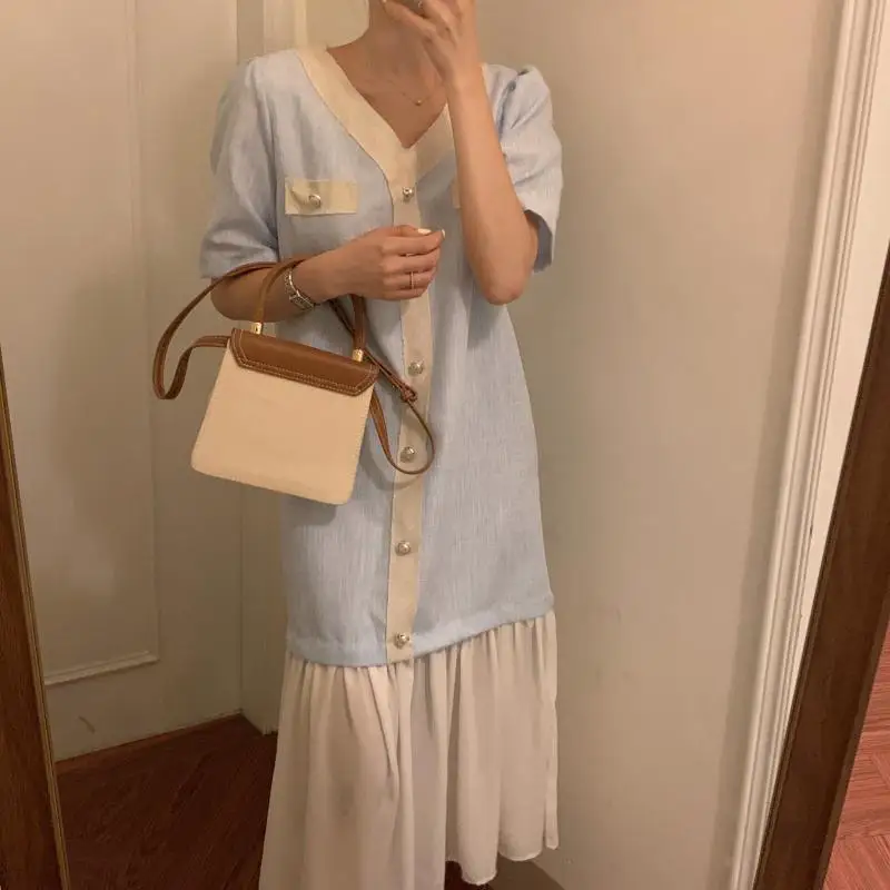 

hot sell fashionable Korean V neck button splicing long dress temperament elegant loose thin short sleeved dress summer wear