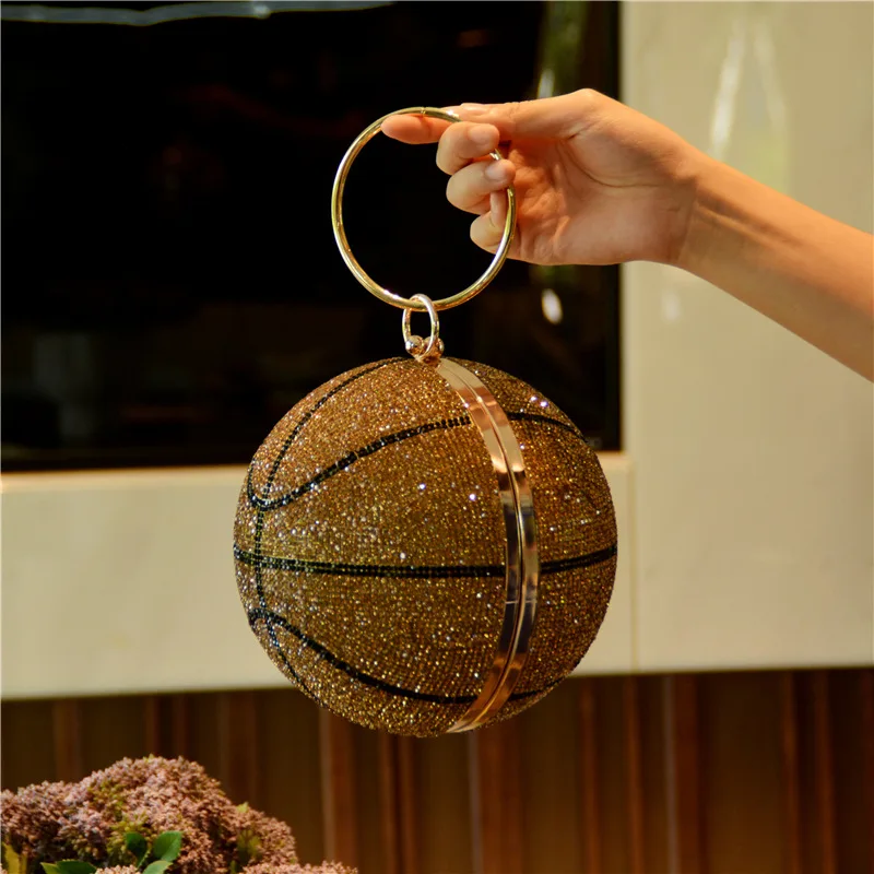 

New fashion clutch purse round basketball shape evening party rhinestone tote ring purse bling crystal shoulder handbag