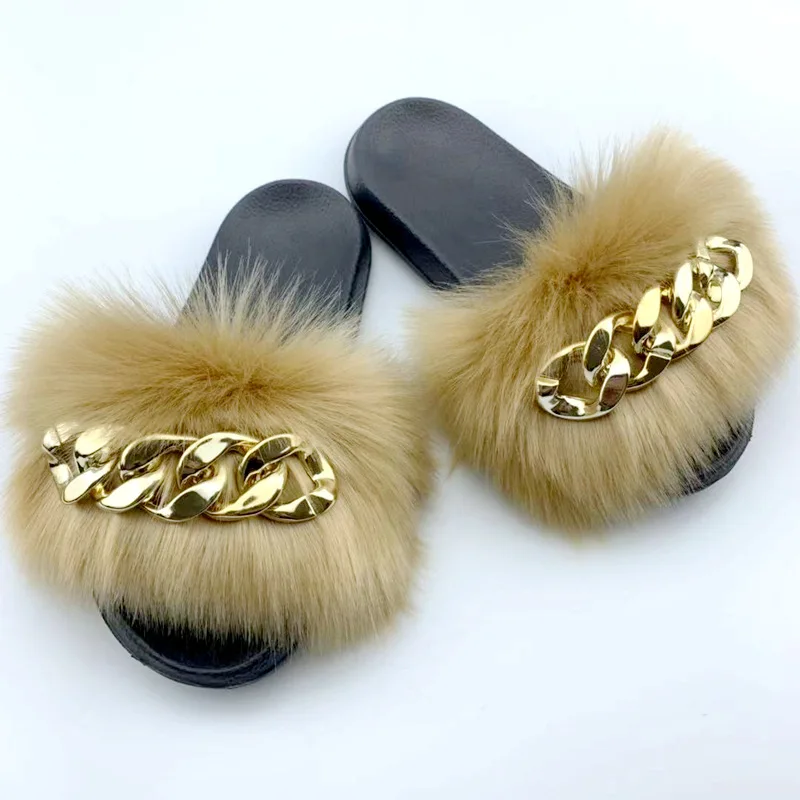 

Cheap fur slippers real fox hair long hair flip flops summer ladies jelly chain sandals, Customized color