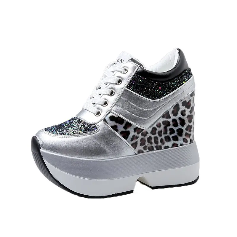 

Women height increasing flash sequins running shoes casual high wedge women platform leopard grain sneakers